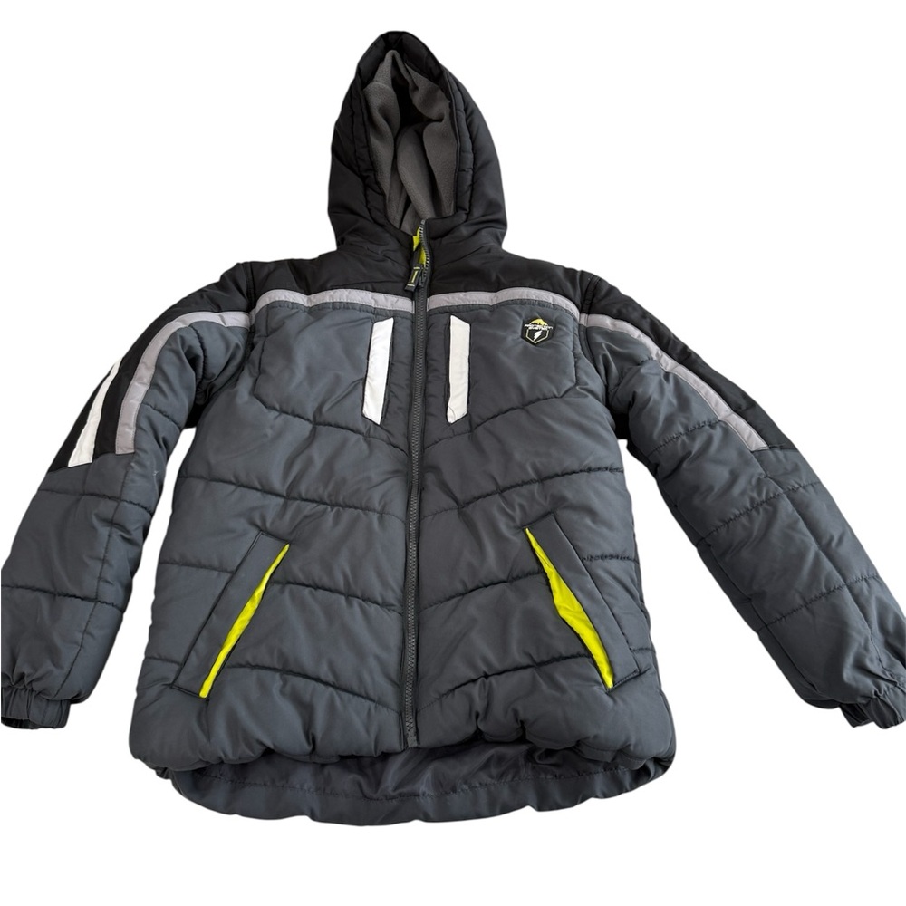 Protection System Gray Hooded Puffer Jacket with Yellow Accents